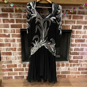 Vintage AJ Bari Black, White, Gold and Silver beaded bodice Dress size 10